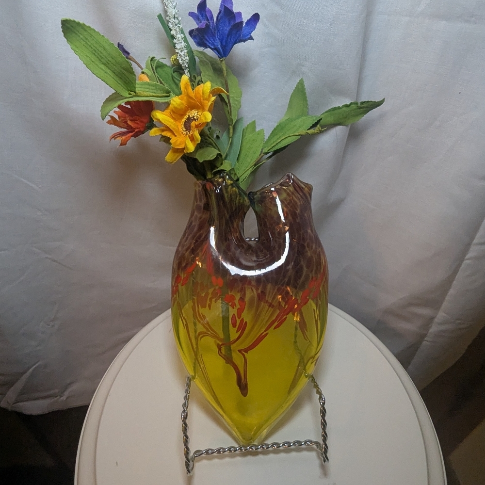 Hanging Wall Vase by TERRY WEAVER Yellow w/Maroon and Red accents